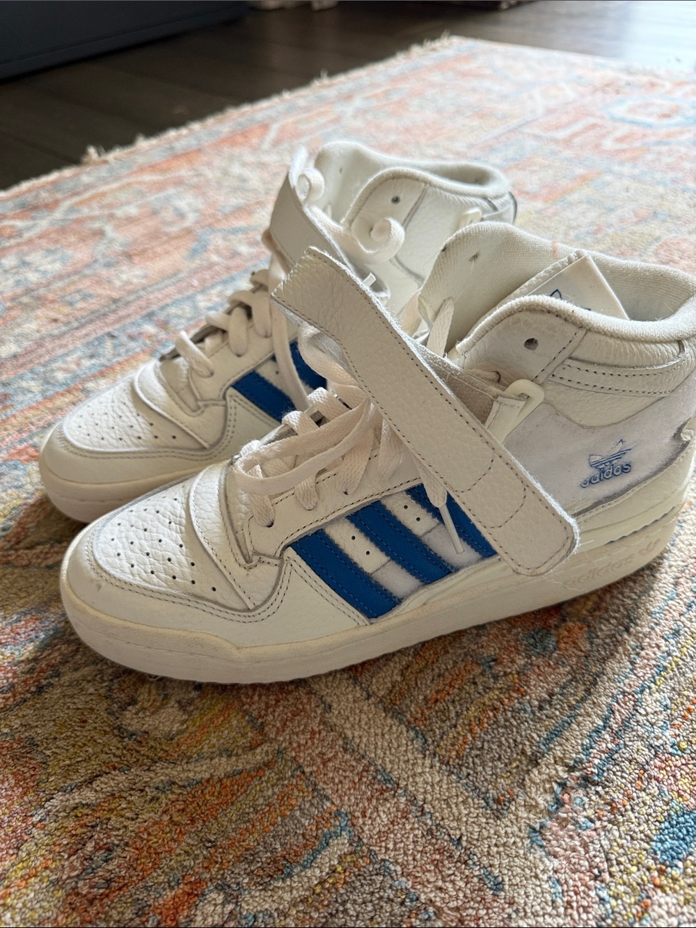 adidas White and Blue High-Top Sneakers with Strap